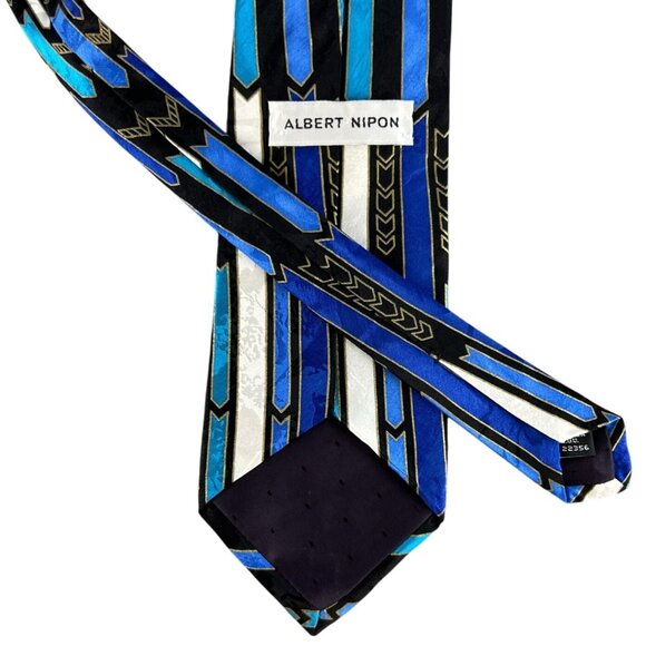 Albert Nipon  Mens Tie 00% Silk Blue Black Geometric Abstract Arrow Pattern USA - Picture 5 of 10